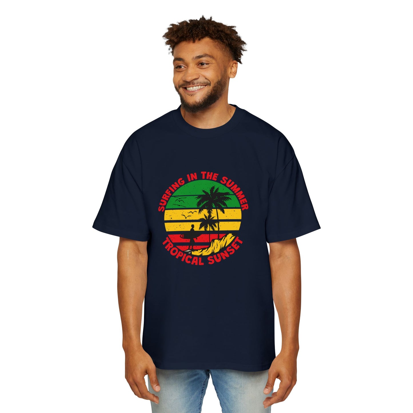 Jamiacan Tropical Sunset Surfing Oversized Tee for Men - Summer Vibe Casual Wear