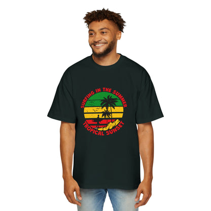 Jamiacan Tropical Sunset Surfing Oversized Tee for Men - Summer Vibe Casual Wear