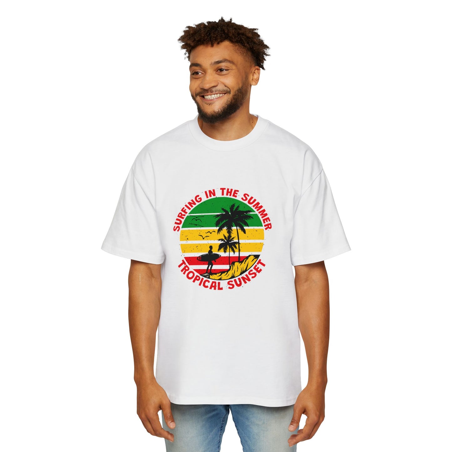 Jamiacan Tropical Sunset Surfing Oversized Tee for Men - Summer Vibe Casual Wear