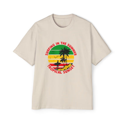 Jamiacan Tropical Sunset Surfing Oversized Tee for Men - Summer Vibe Casual Wear