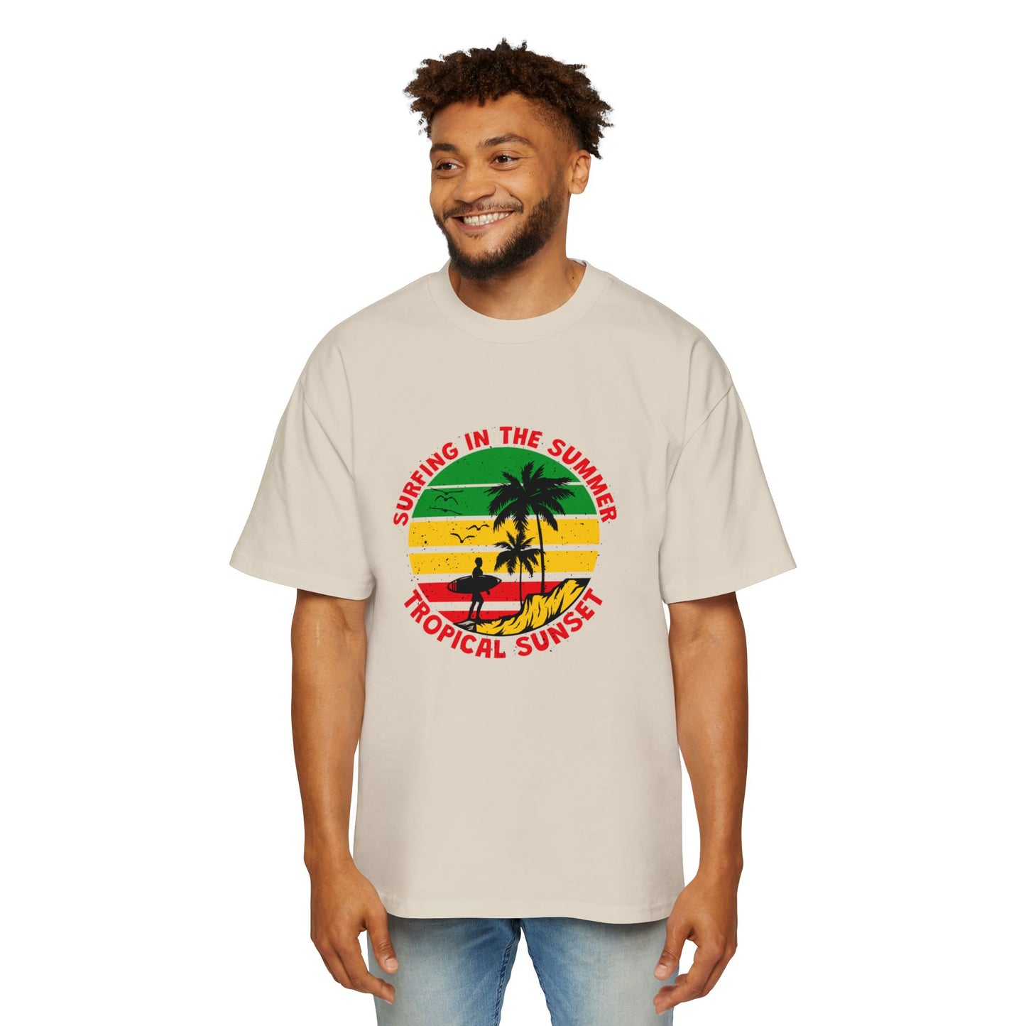 Jamiacan Tropical Sunset Surfing Oversized Tee for Men - Summer Vibe Casual Wear