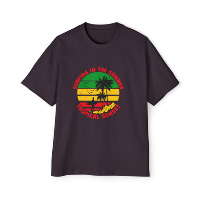 Jamiacan Tropical Sunset Surfing Oversized Tee for Men - Summer Vibe Casual Wear