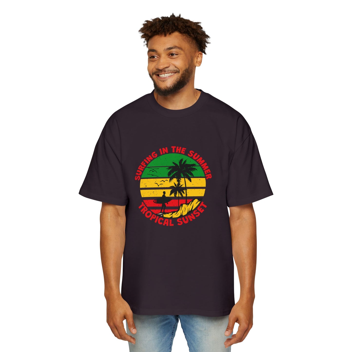 Jamiacan Tropical Sunset Surfing Oversized Tee for Men - Summer Vibe Casual Wear