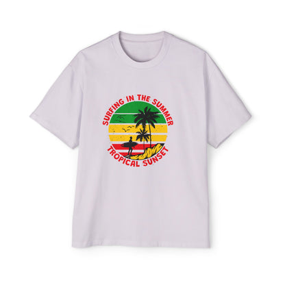 Jamiacan Tropical Sunset Surfing Oversized Tee for Men - Summer Vibe Casual Wear