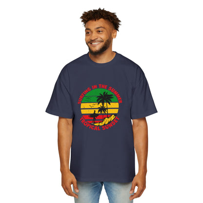 Jamiacan Tropical Sunset Surfing Oversized Tee for Men - Summer Vibe Casual Wear