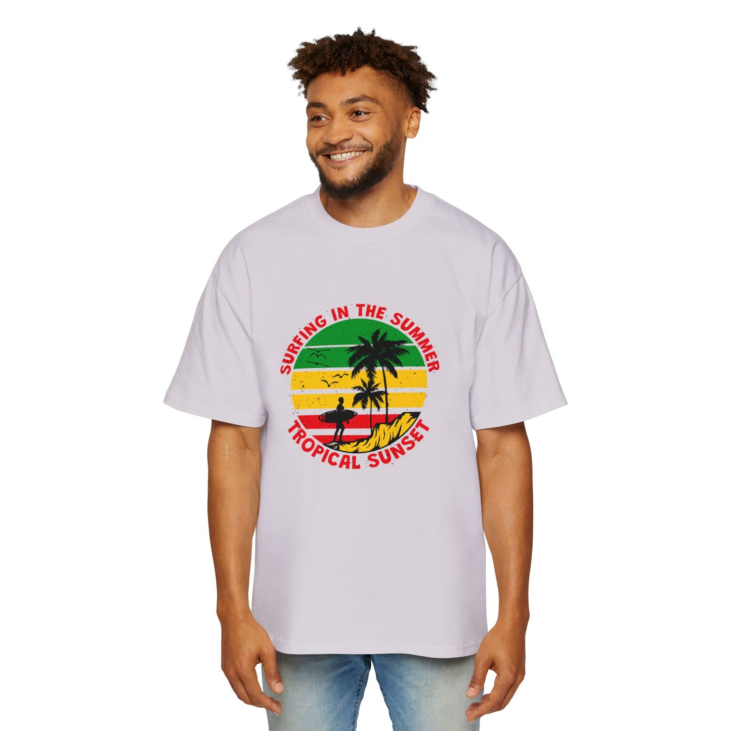 Jamiacan Tropical Sunset Surfing Oversized Tee for Men - Summer Vibe Casual Wear